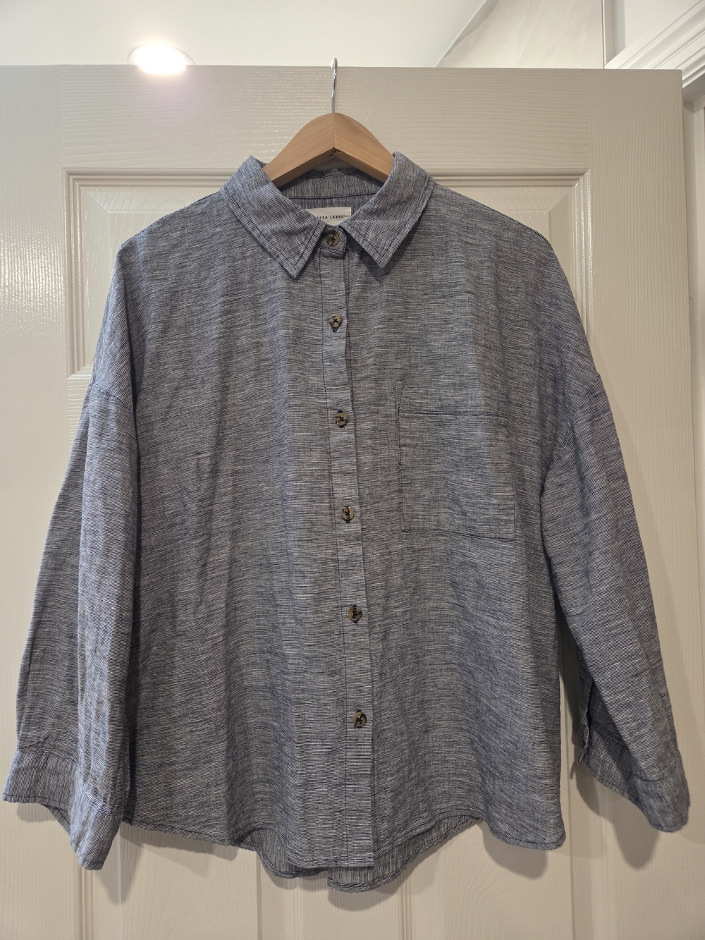 Paper Label Linen Cotton Button Down Shirt Blue Stripe Size L Oversized